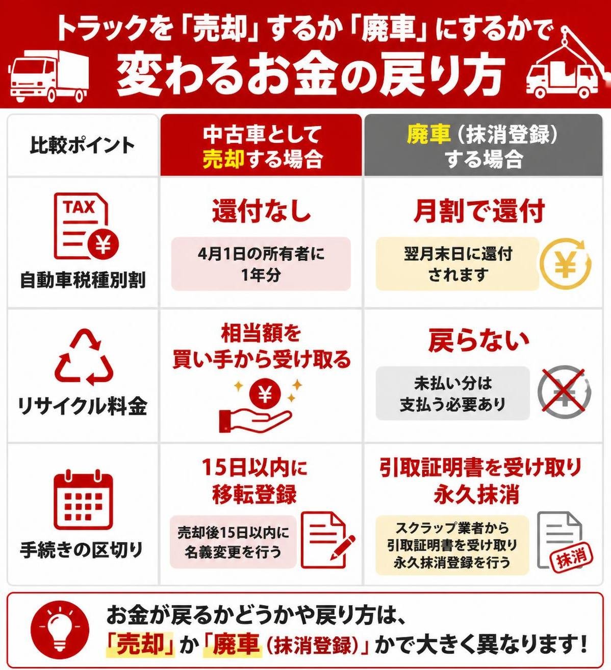 【比較表作成】トラックを「売却」するか「廃車」にするかで変わるお金の戻り方。自動車税種別割: 中古車として売却=還付なし(4月1日の所有者に1年分), 廃車(抹消登録)=月割で翌月末日に還付 / リサイクル料金: 中古車として売却=相当額を買い手から受け取る, 廃車(抹消登録)=戻らない(未払い分は支払う) / 手続きの区切り: 中古車として売却=15日以内に移転登録, 廃車(抹消登録)=引取証明書を受け取り永久抹消