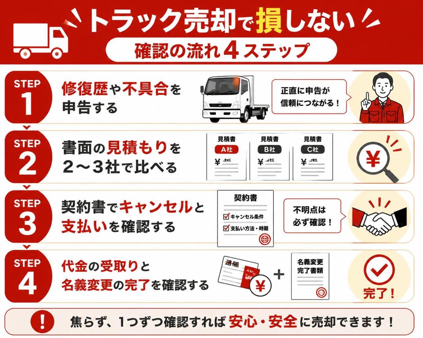 【ステップ作成】トラック売却で損しない確認の流れ:修復歴や不具合を申告→書面の見積もりを2〜3社で比べる→契約書でキャンセルと支払いを確認→代金と名義変更の完了を確認