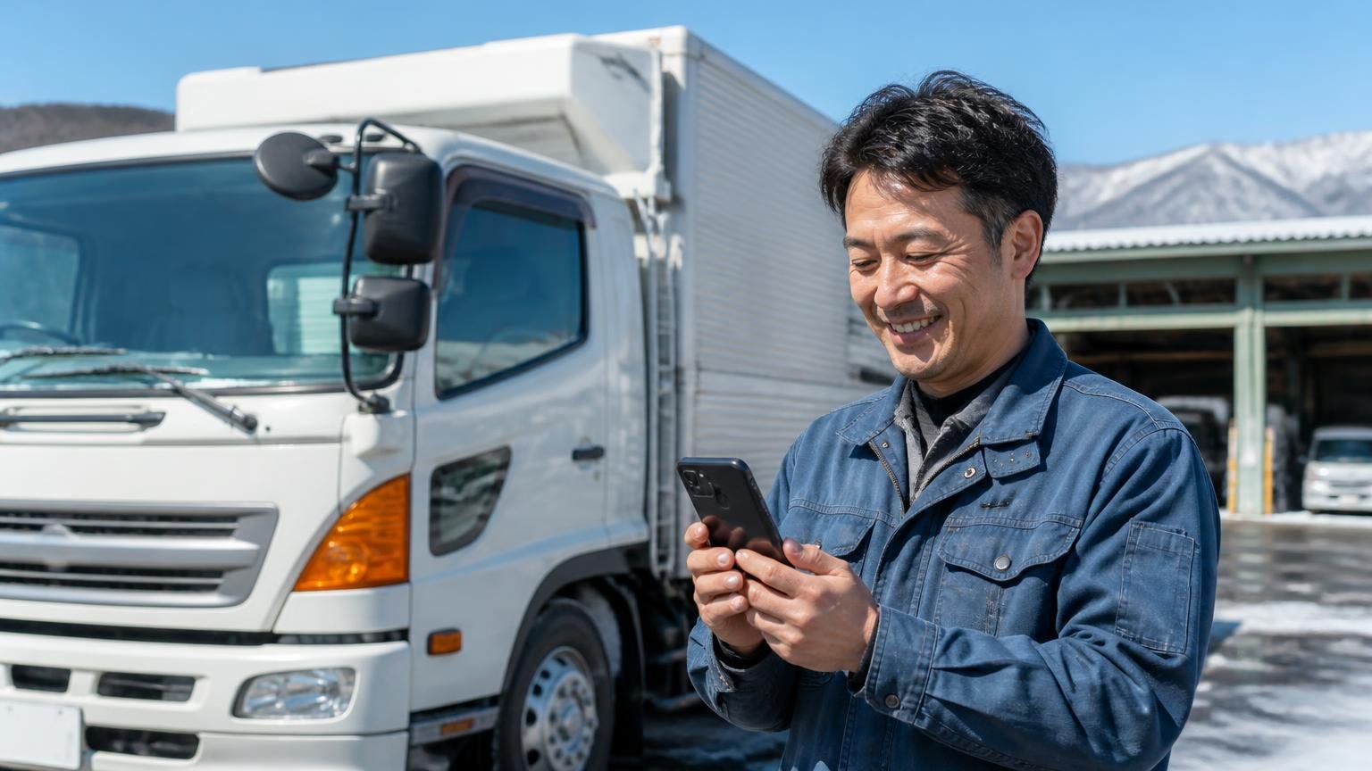 冬晴れの鳥取の車庫で、4tトラックの前に立ちスマホで無料査定を申し込む笑顔の40代男性1人