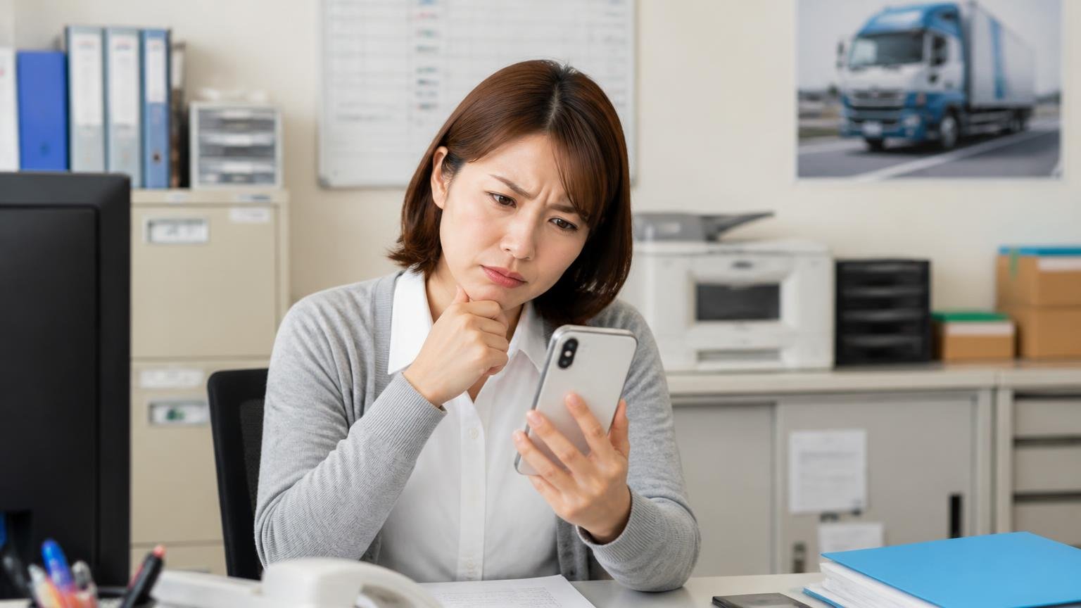 5社の口コミを調べて分かったこと 運送会社の事務所で女性事務員1人がスマホの口コミ画面を見て首をかしげる
