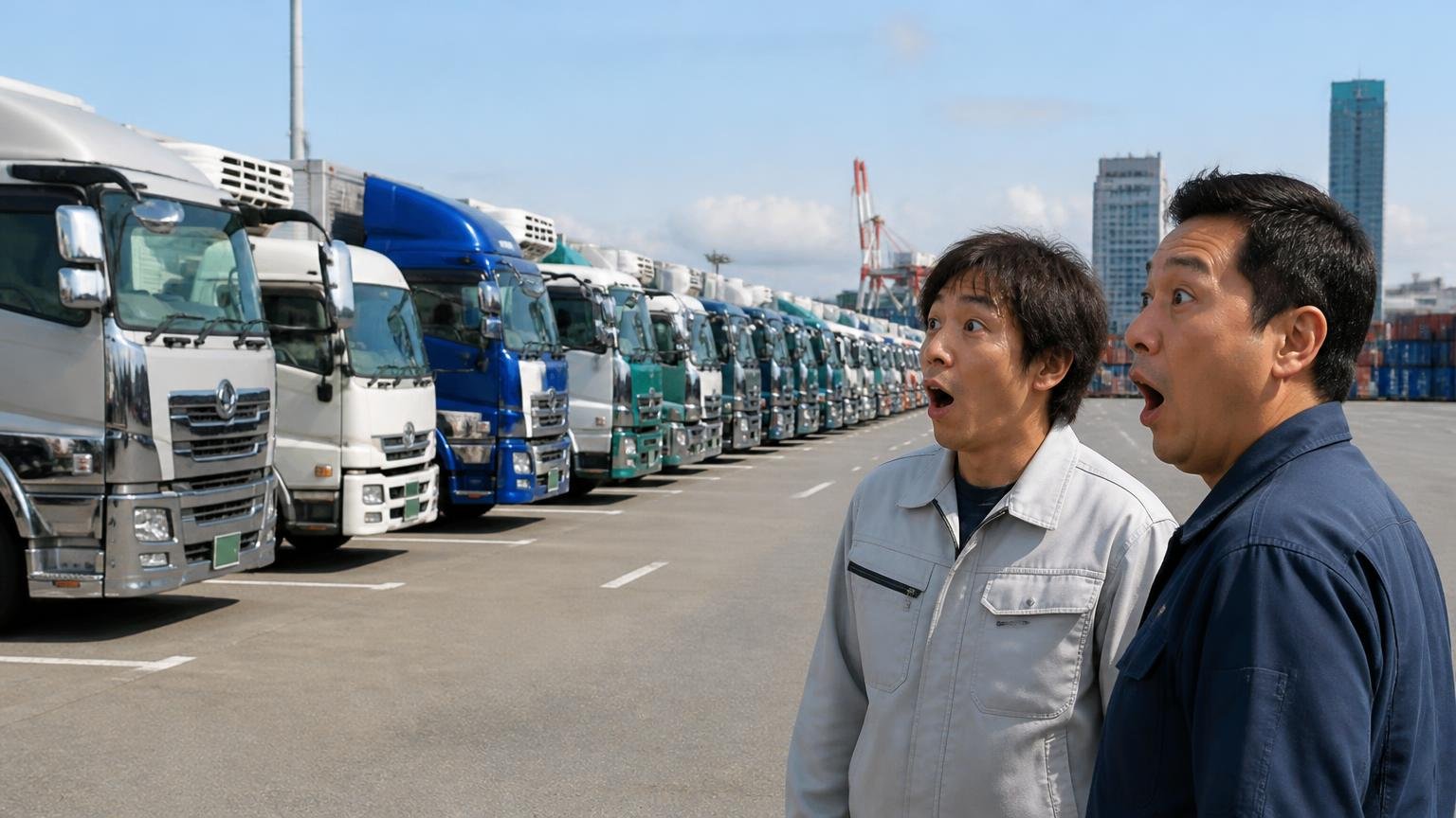 福岡県の普通貨物車は約9万8千台で、九州でいちばん多い 博多港近くの物流ヤード ずらりと並ぶ大型トラックを前に男性2人が目を丸くして驚く