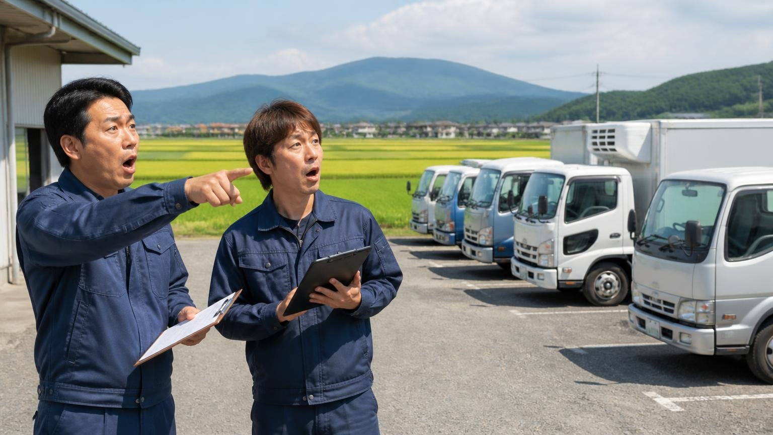 佐賀県の普通貨物車は約1.9万台、九州7県でいちばん少ない 田園に囲まれた営業所の駐車場 運送会社の男性2人がトラックを指さして数え驚く
