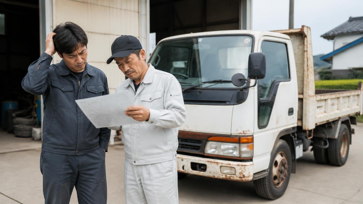 自分のトラックの車種と状態が買取対象に入っているか 営業所の車庫に停まった古い2tダンプの前 作業着の男性2人が車検証を見比べて首をかしげる