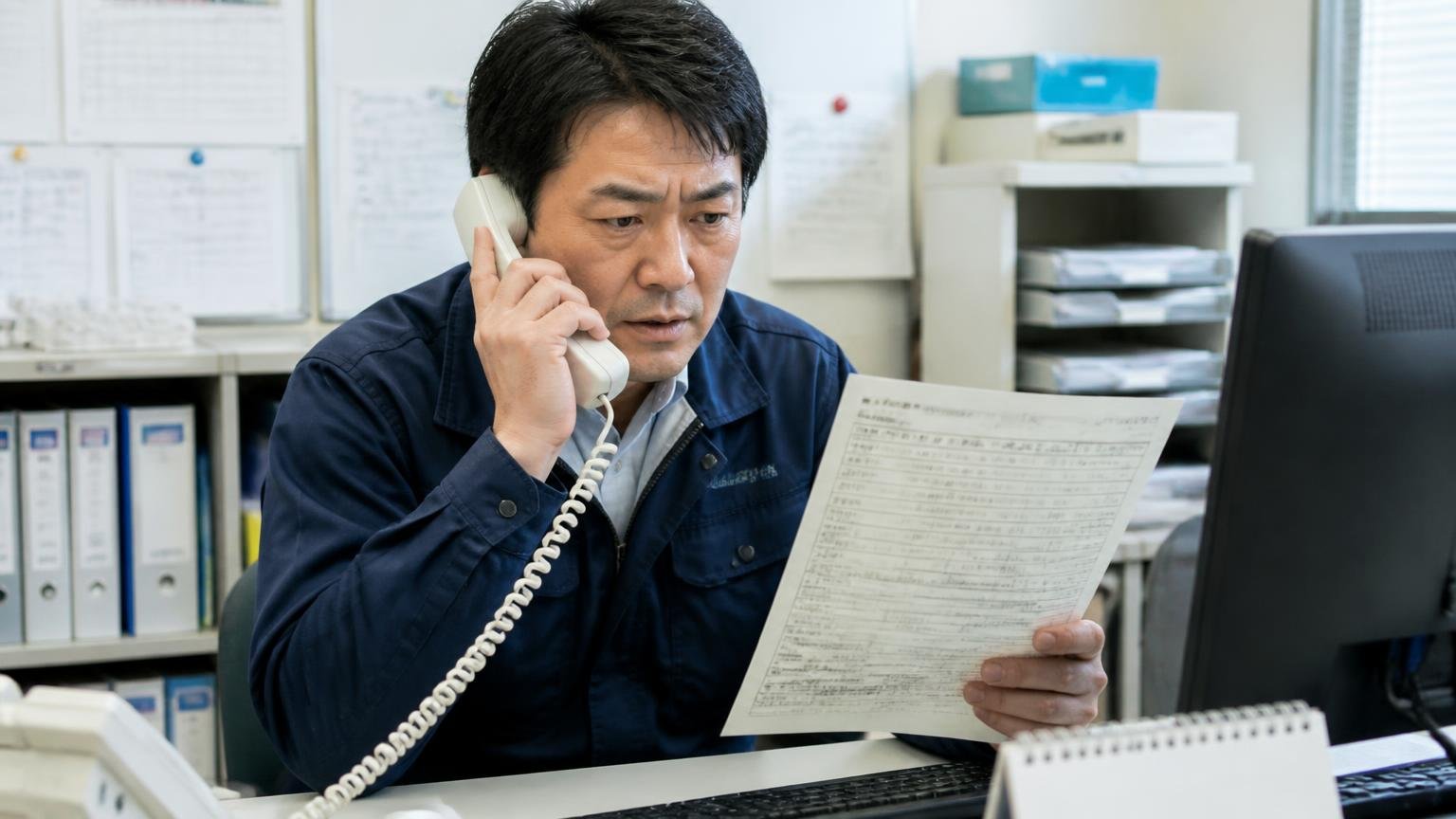 「宮崎まで出張査定に来てくれるか」を最初に聞く 運送会社の事務所で男性1人が車検証を片手に電話をかけ真剣な表情