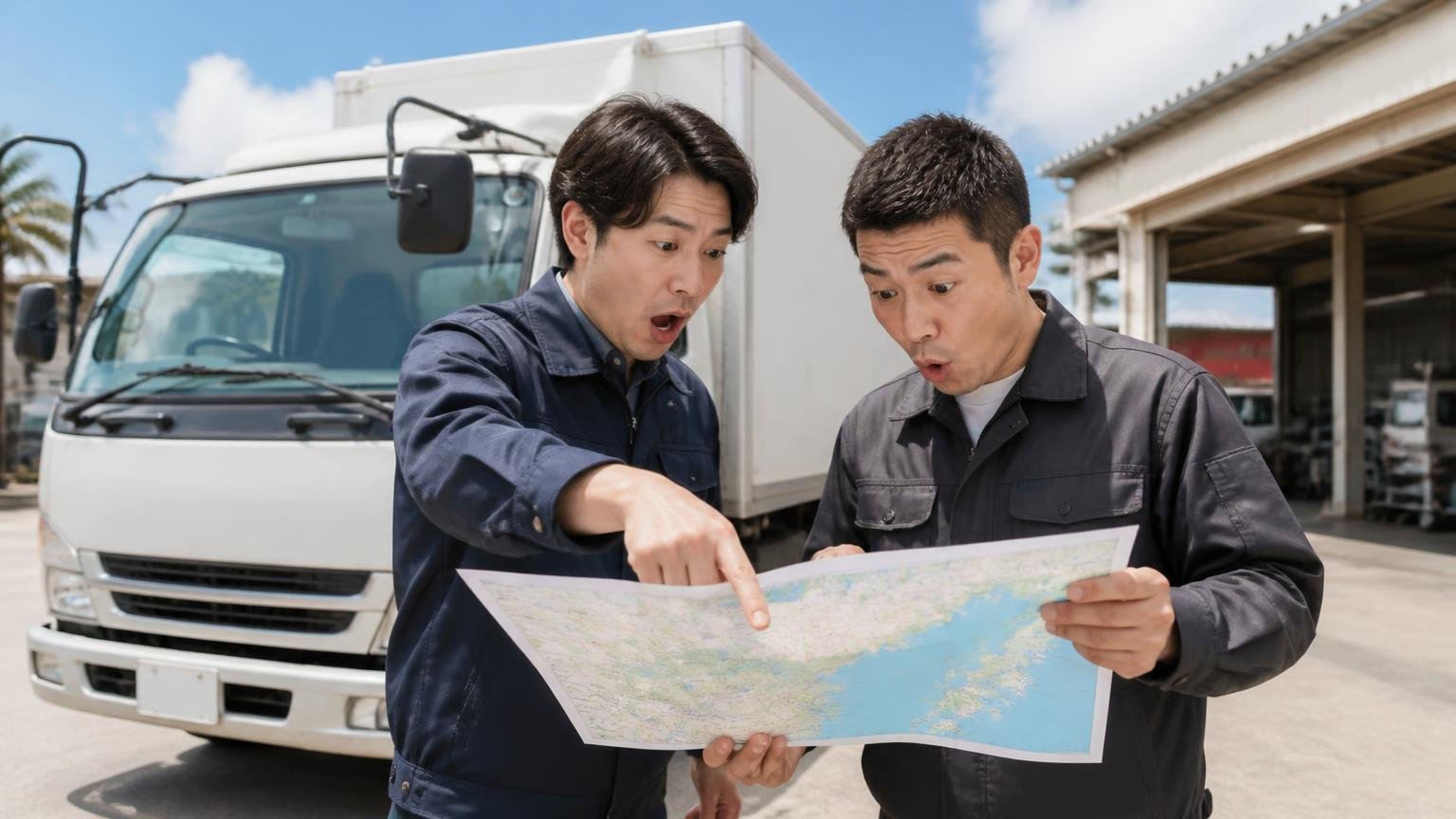 県内に拠点があるか、県外から対応するのか 沖縄の営業所の車庫前で2tトラックを囲み男性2人が地図を指さして驚く
