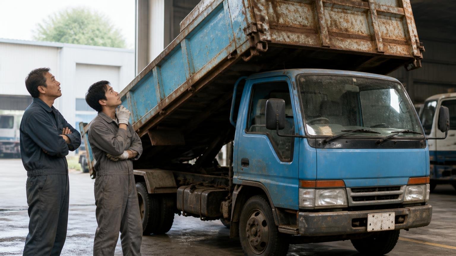 自分のトラックの車種と状態が買取対象に入っているか 営業所の車庫に停まった古い4tダンプの前 作業着の男性2人が荷台を見上げて首をかしげる