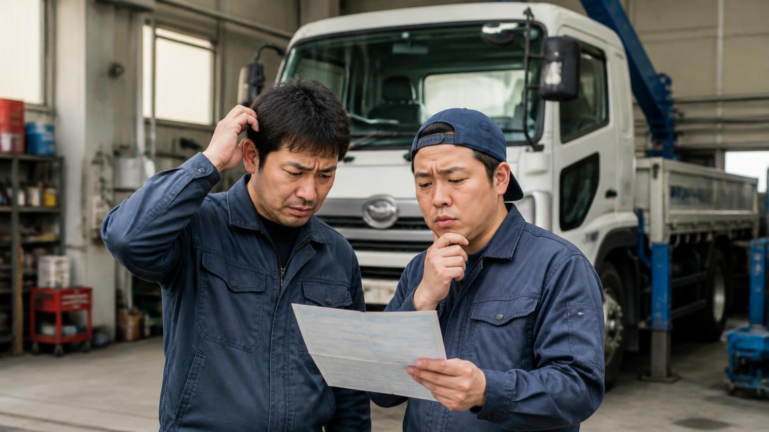 自分のトラックの車種と状態が、その業者の得意分野に入っているか 車庫のクレーン付トラックの前 作業着の男性2人が車検証を見て首をひねる