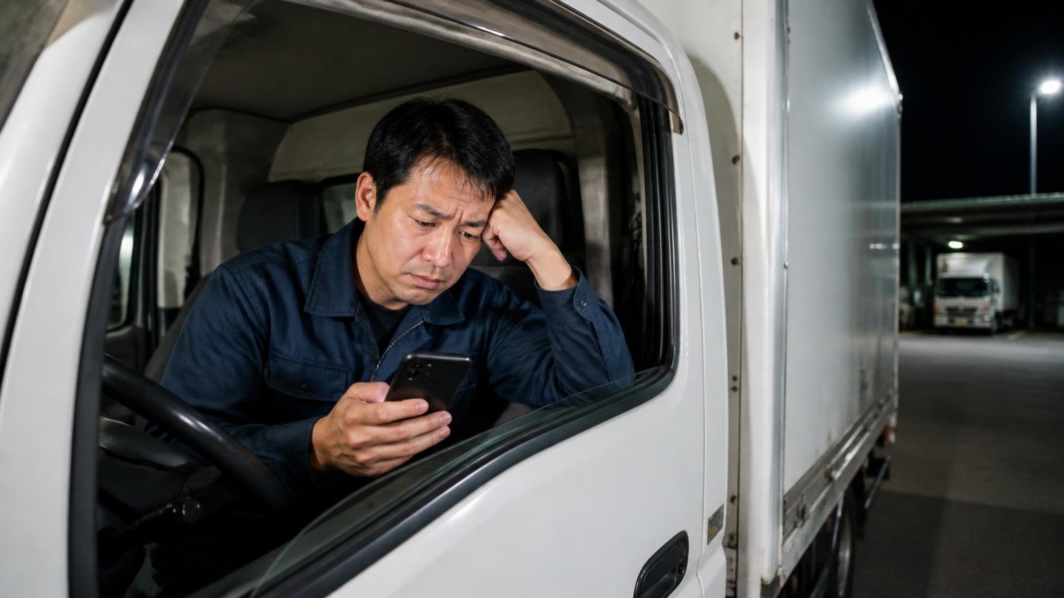 県内だけで探すと比べる相手がいなくなる 夜の車庫に停めた2tトラックの運転席で男性1人がスマホを見て困り顔