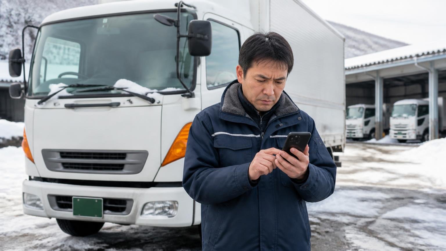 冬の鳥取の運送会社の車庫で、4tトラックの前に立ちスマホで業者を探す40代男性1人
