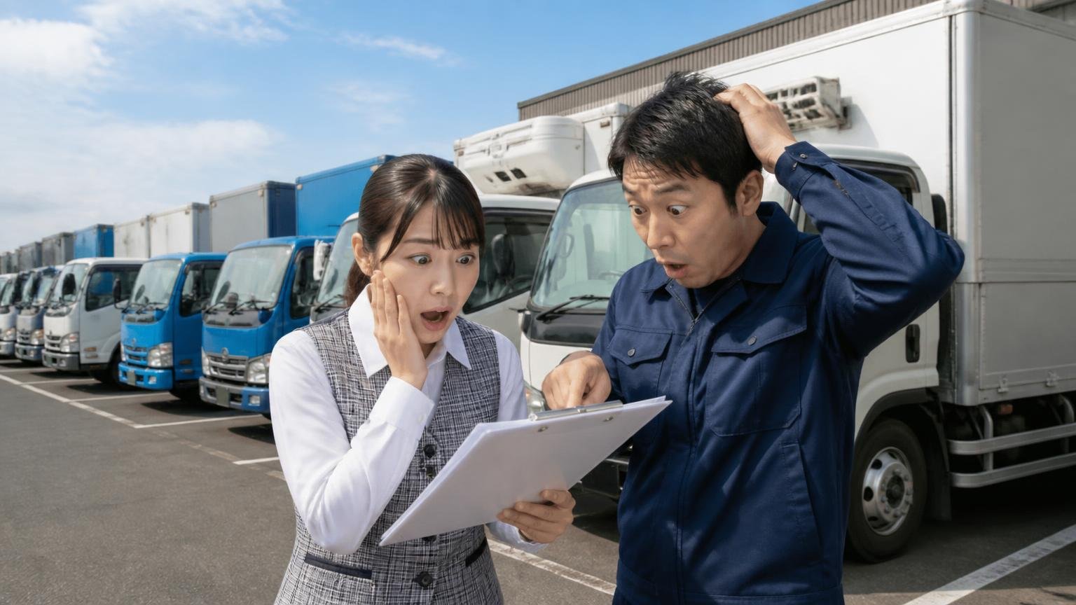 島根県の貨物車は約2.9万台、中国5県で2番目に少ない　松江市の運送会社の車庫に並ぶ2tトラックと4tトラックの前で、事務員と運転手の2人が台数を数えて驚く