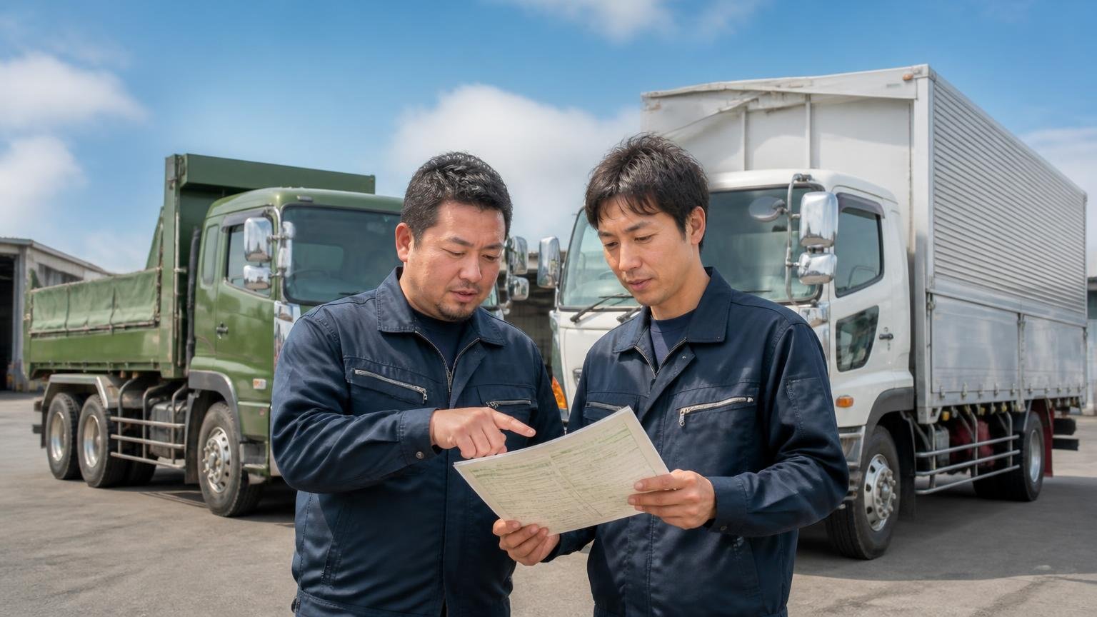 自分のトラックの車種と架装を得意としているか 車庫に並ぶダンプと4tウイングの前で男性2人が車検証を見比べて相談する