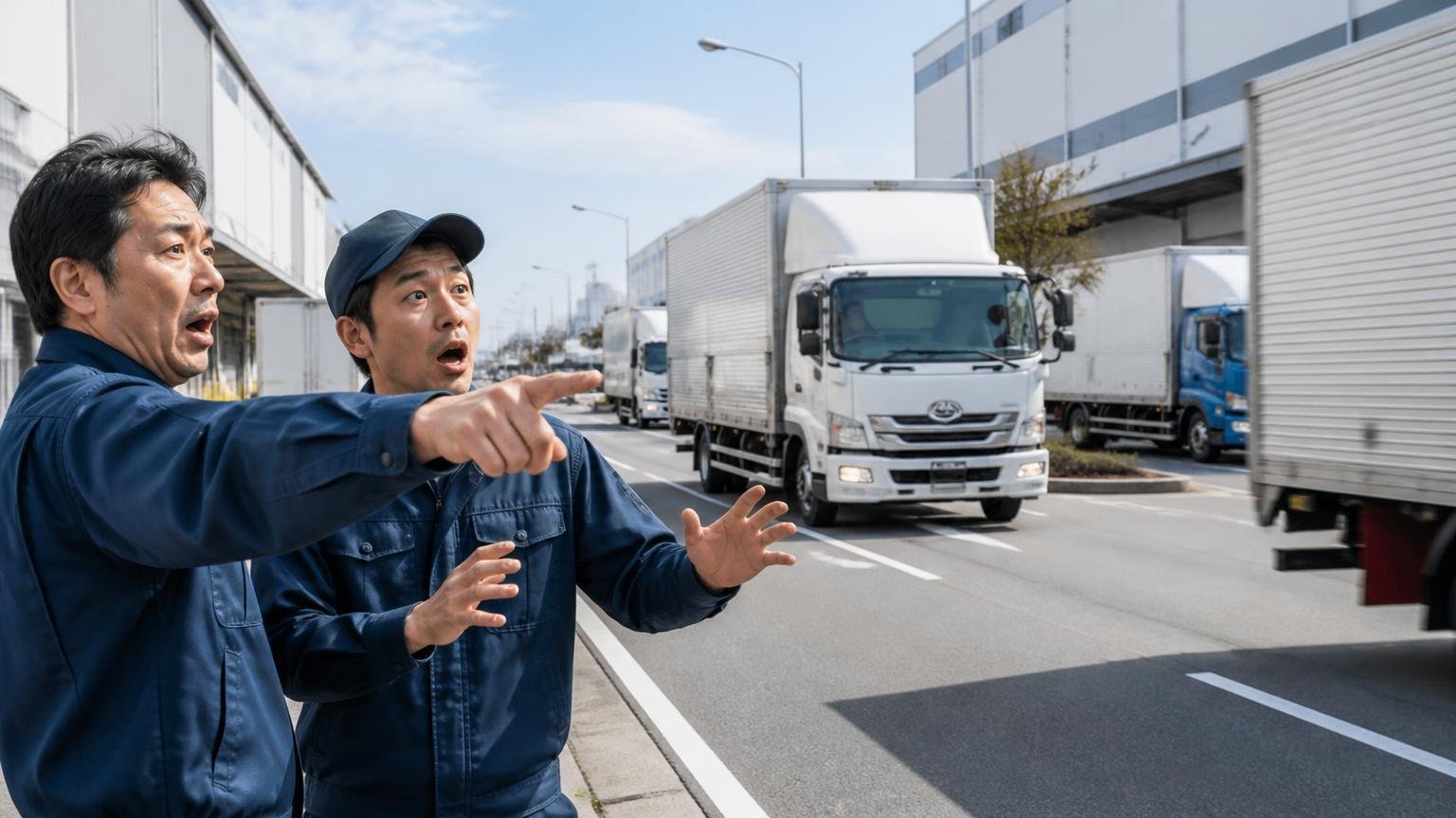 貨物自動車1万7千台超。船橋市はトラックが"回る"街、南船橋の物流倉庫が並ぶ道路沿い、運送会社の男性ドライバー2人が行き交うトラックを指さして驚いている