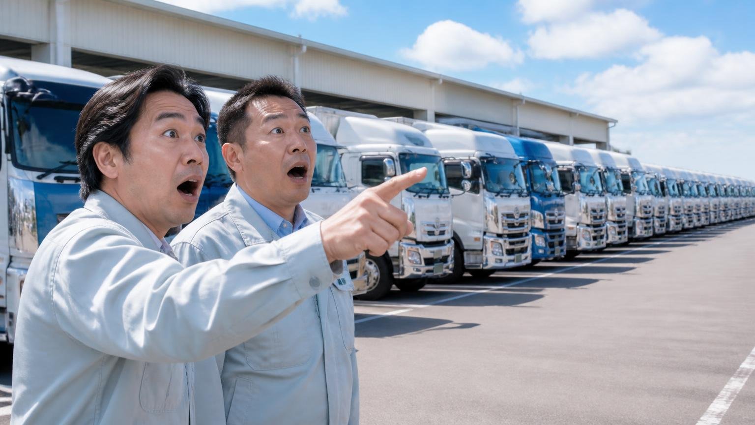 水戸市の貨物車は約2万台、売る人も買う業者も多い地域。水戸市内の物流倉庫の駐車場で並ぶ大型トラックの前に立ち、台数を指差して驚く作業着の男性2人