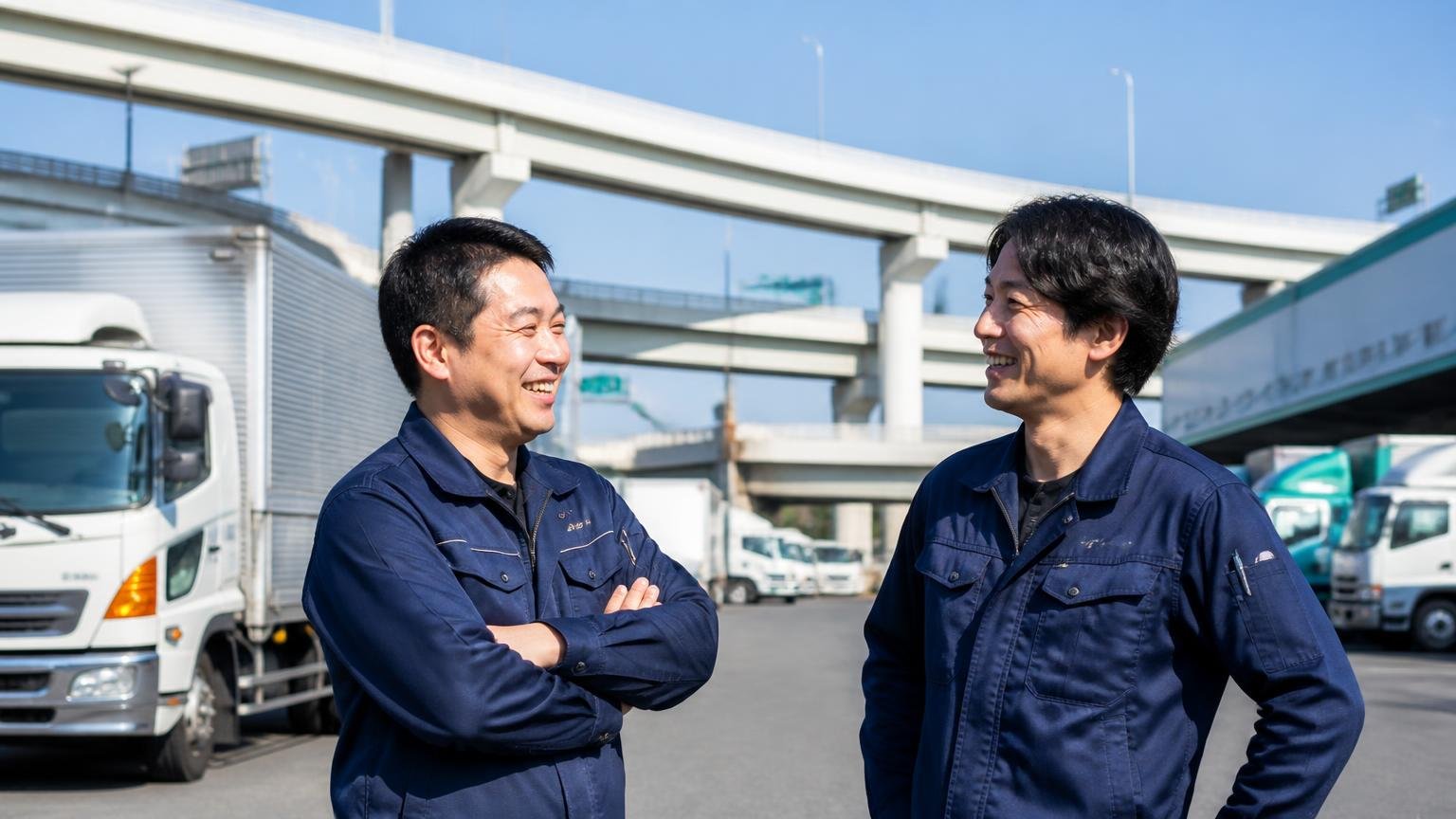 3本の高速道路が交わる物流拠点、三郷IC近くの倉庫街のトラックの前で運送会社の男性2人が笑顔で話す