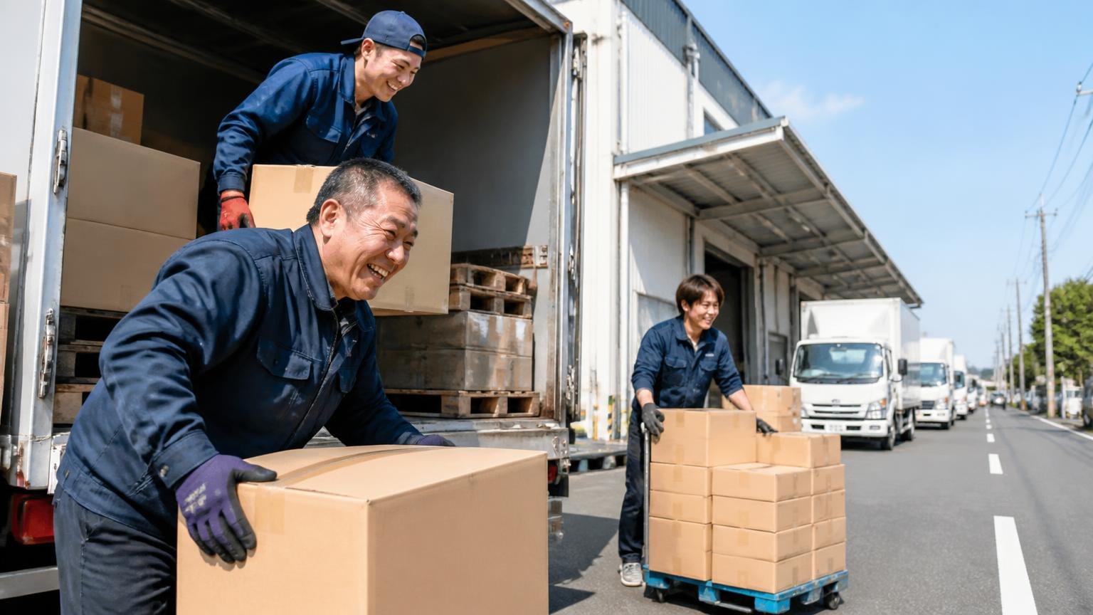 春日部ナンバーの貨物車は7万台超、売り手も買い手も多いエリア 国道沿いの物流倉庫前にトラックが並ぶ屋外 ドライバー3人 荷物を積み込み活気ある表情