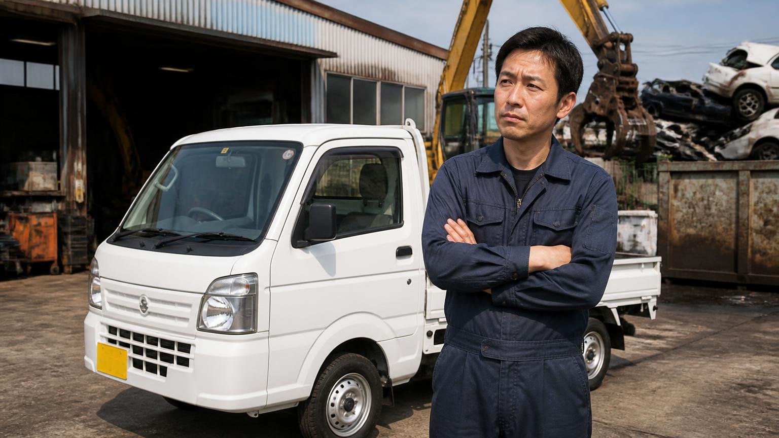 松江市内の地場業者は一般中古車と廃車系に分かれる|松江市内の解体工場の前で軽トラを見る作業着の男性1人が腕組みで考える