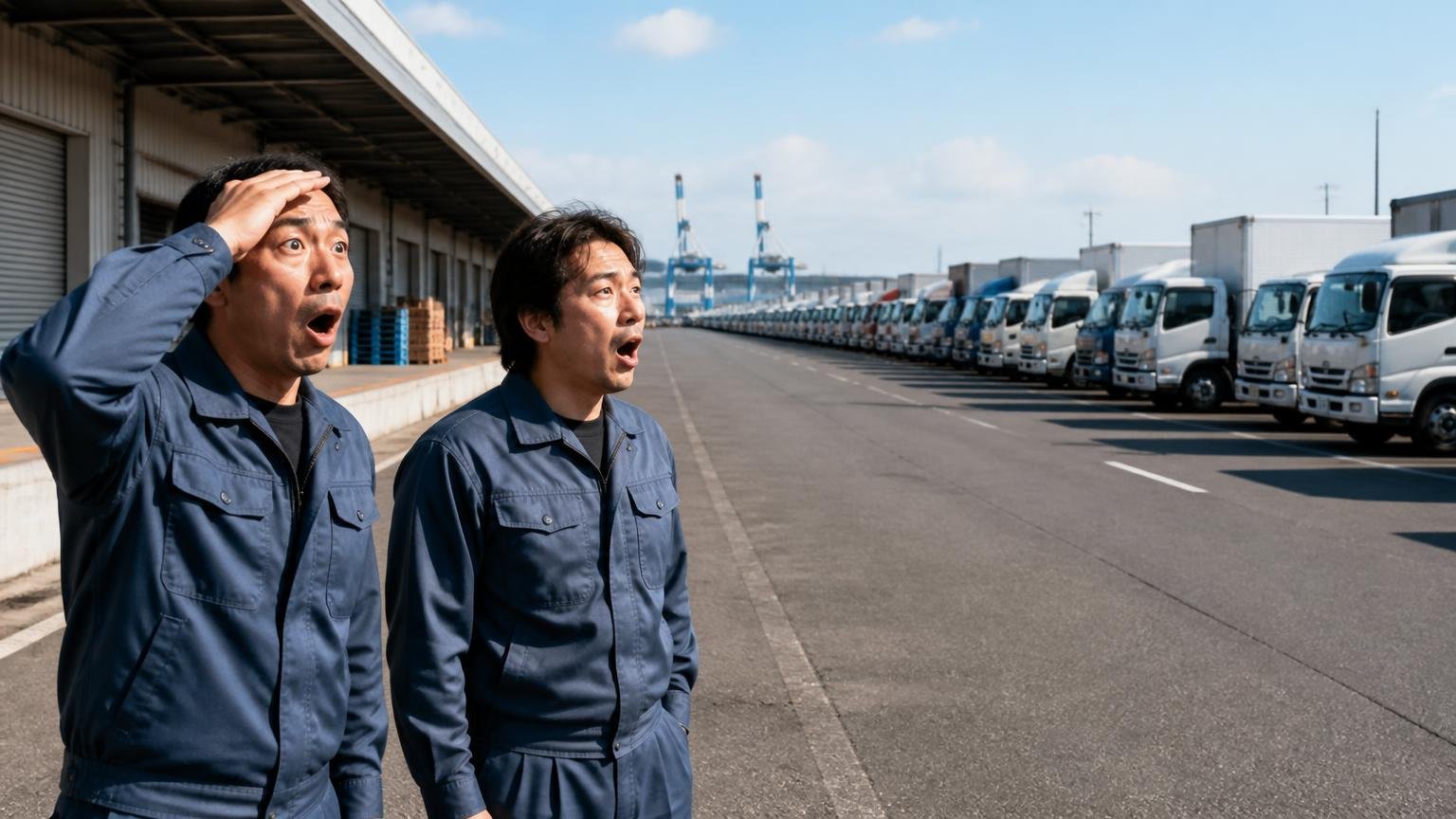 仙台市は県内登録貨物車の4割超が集まる東北最大の市場 仙台港の物流倉庫前 作業着の男性2人が並ぶトラックの台数に驚く