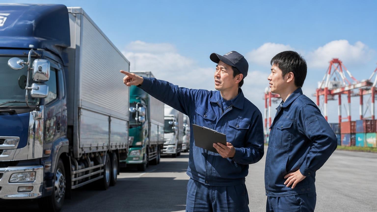 北九州市は登録貨物車5万台超の物流都市。港湾の物流ヤードで並ぶトレーラーの前で作業着の男性2人が車両を指さして話す