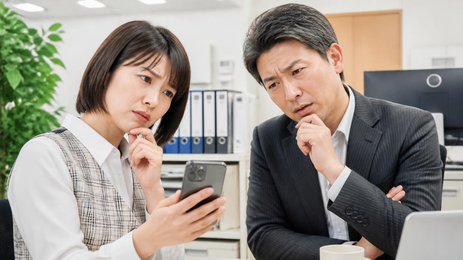 乗用車の買取店ばかり出てくる理由 事務所でスマホの検索画面を見せ合う 事務の女性と社長の2人 首をかしげる