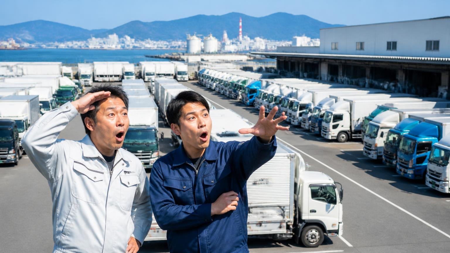香川県の貨物車は約15.3万台、四国の4分の1が集まる。高松港近くの物流倉庫前に並ぶトラックと、作業着の男性2人が台数の多さに驚く表情