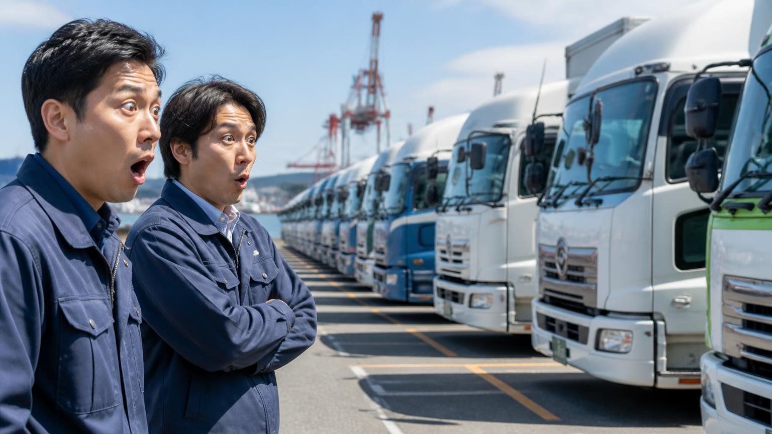 山口県の貨物車は約6.7万台、中国5県で3番目に多い 港に近い物流拠点の駐車場 並んだトラックを前に運送会社の男性2人が台数の多さに目を丸くする