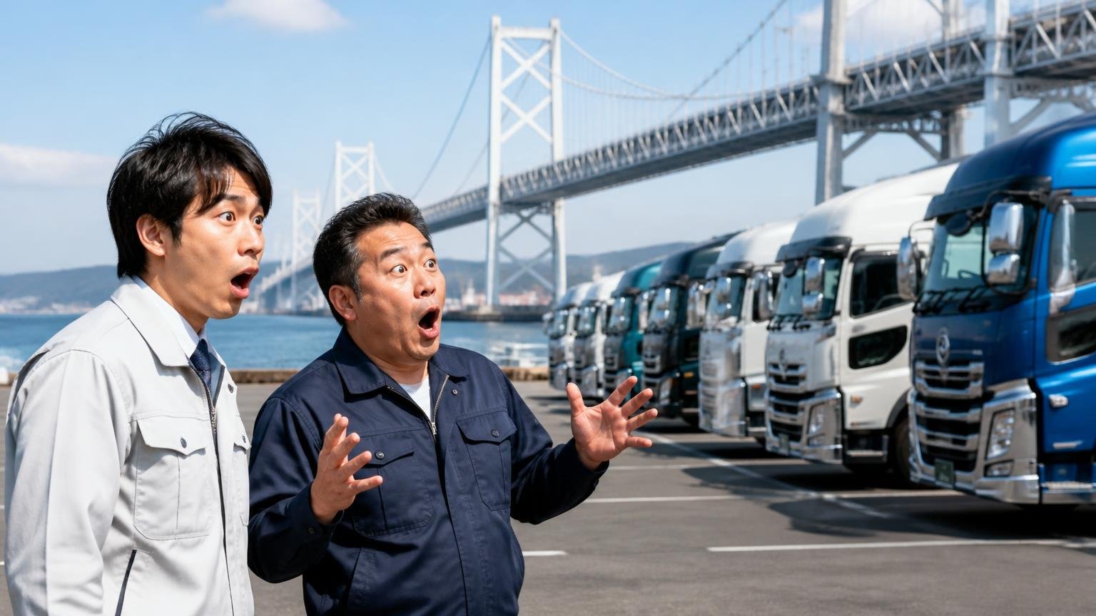 面積は日本一小さいのに、普通貨物車は四国で2番目に多い 瀬戸大橋が見える港のヤード 並んだ大型トラックを前に男性2人が目を丸くして驚く