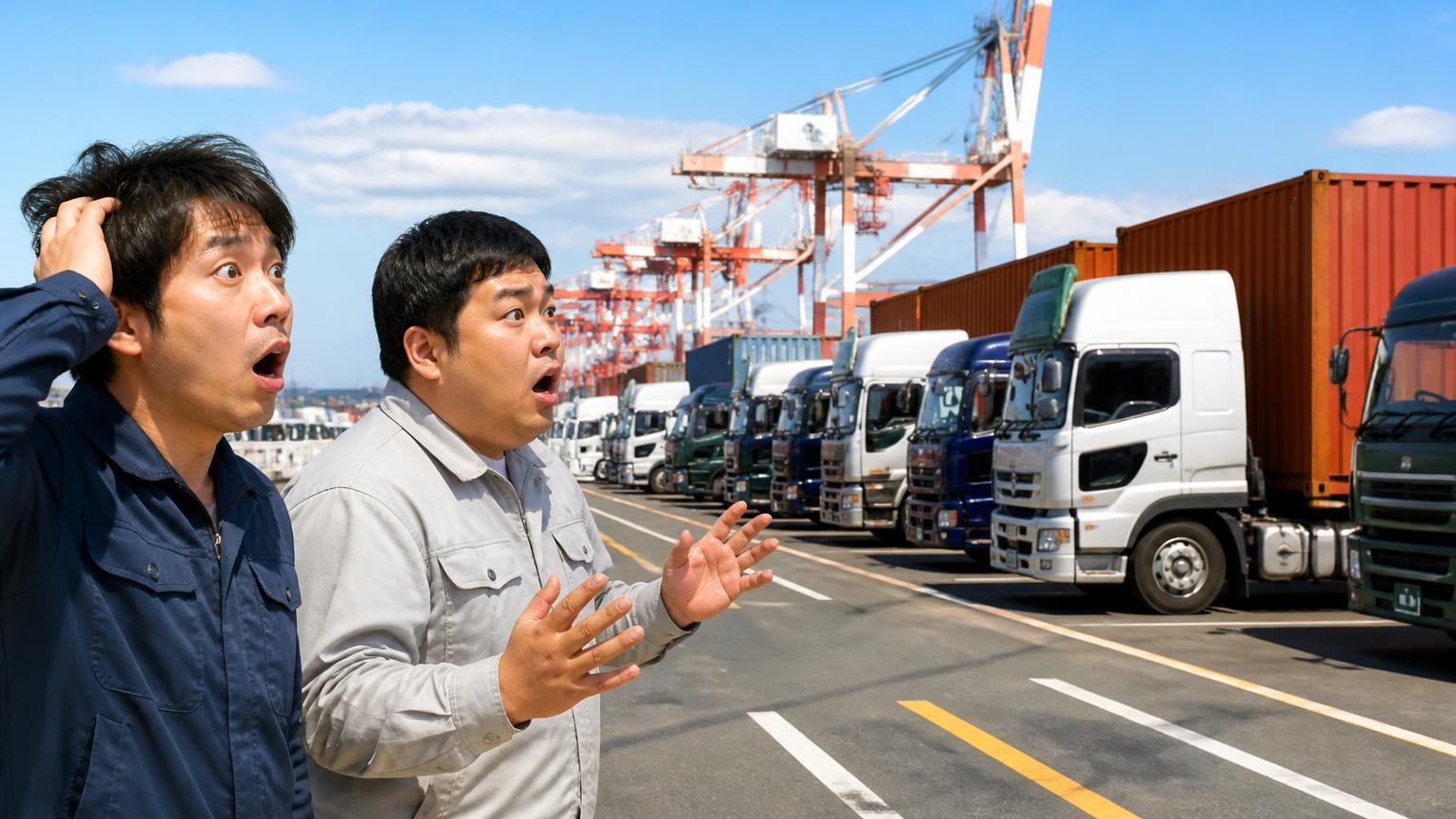 普通貨物車は四国でいちばん多く、トレーラーは四国の半分以上 港のコンテナヤード 並んだ大型トラックとトレーラーを前に男性2人が目を丸くして驚く