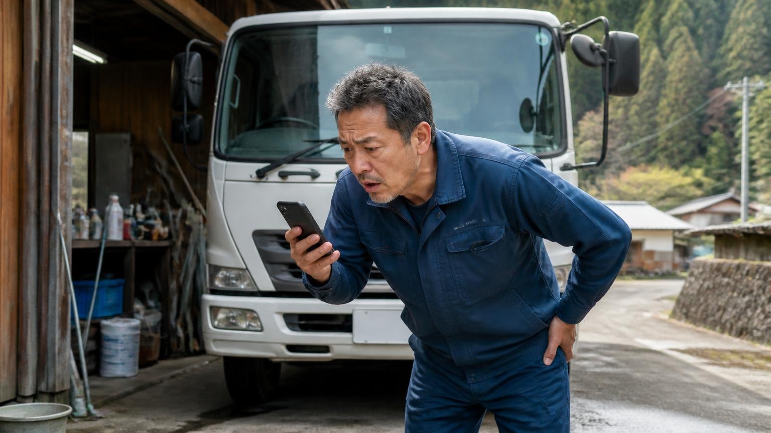 「全国対応」「近畿一円」でも丹波・但馬・淡路は出張範囲を先に確認する、山あいの車庫で4tトラックの前に立ち、スマホで出張範囲を確かめて身を乗り出す50代男性