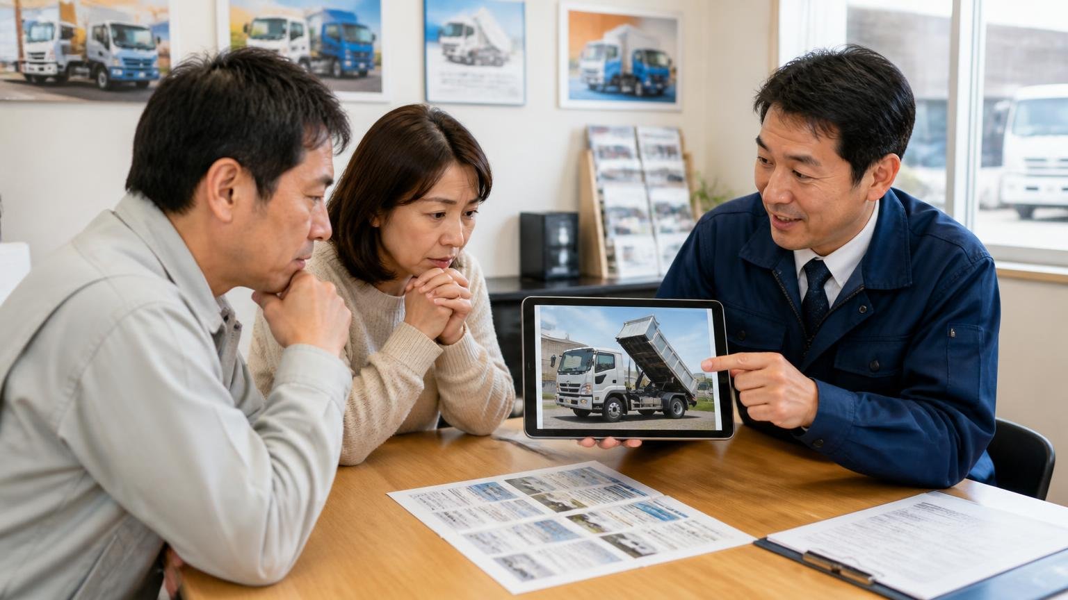 岡山の買取業者は「販売店系・輸出系・特装車専門・整備工場系」の4タイプ、トラック販売店の事務所で査定士の男性が4tダンプの写真を見せ夫婦に説明する場面