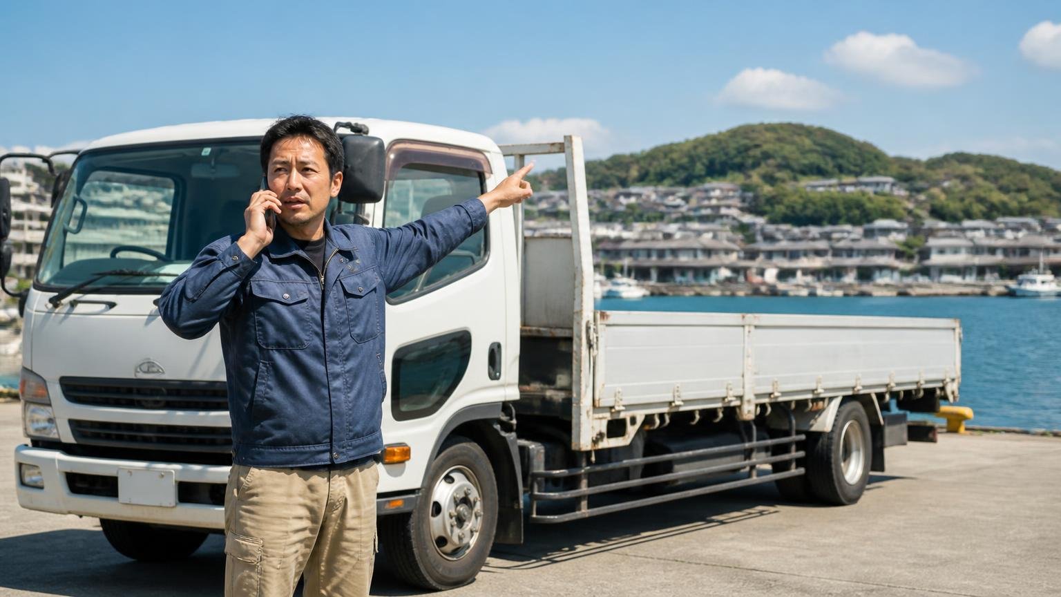 自分の市町まで出張査定に来てもらえるか 海の見える港町の車庫に停まった4t平ボディの前 男性1人が電話しながら遠くを指さす