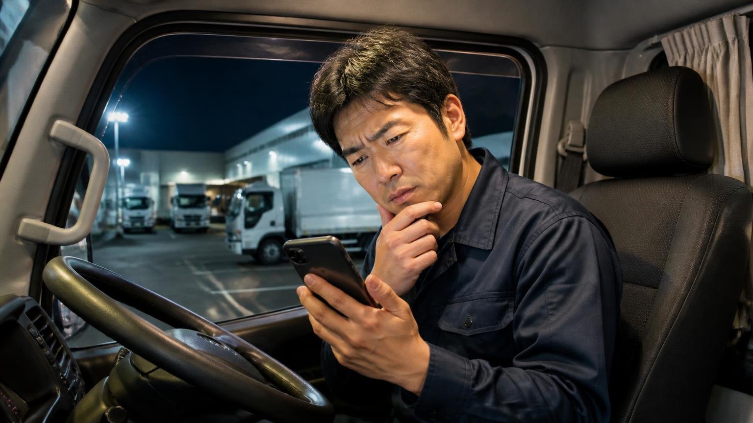 Googleの口コミは「件数」と「書いた人」を見る 夜の車庫に停めたトラックの運転席で男性1人がスマホの口コミ画面を見て首をかしげる