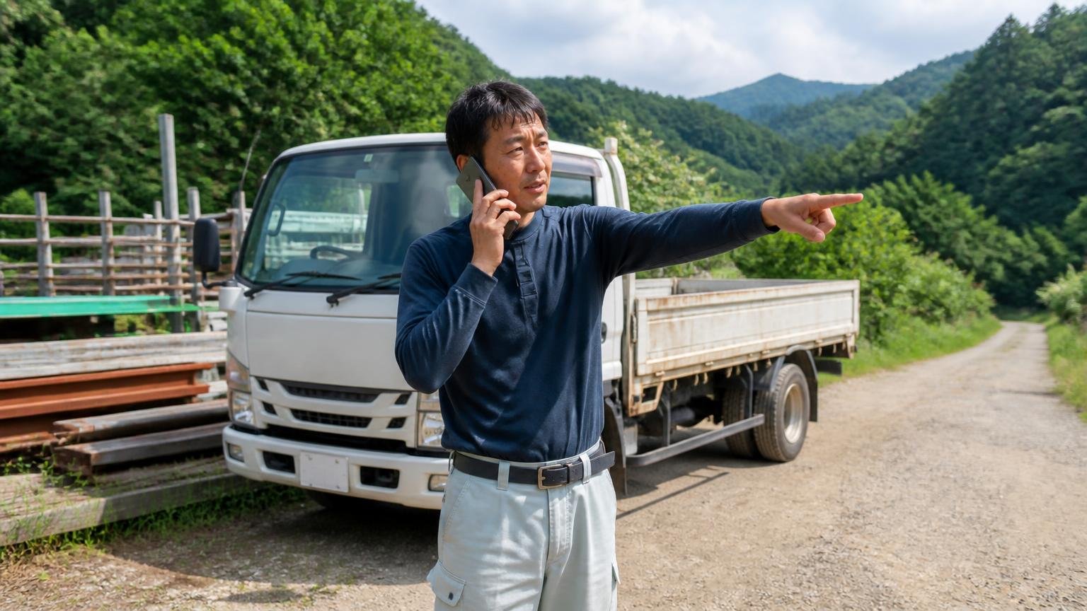 自分の市町村まで出張査定に来てもらえるか 山あいの資材置き場に停まった2t平ボディの前 男性1人が電話をしながら道の先を指さす