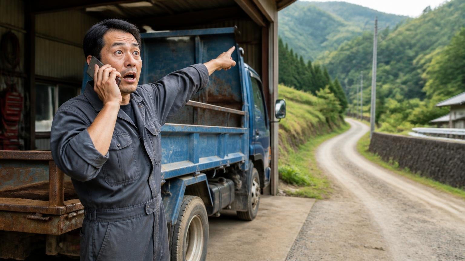 自分の市町村まで出張査定に来てもらえるか 山あいの車庫に停まった4tダンプの前 男性1人が電話をしながら遠くの道を指さして目を見開く