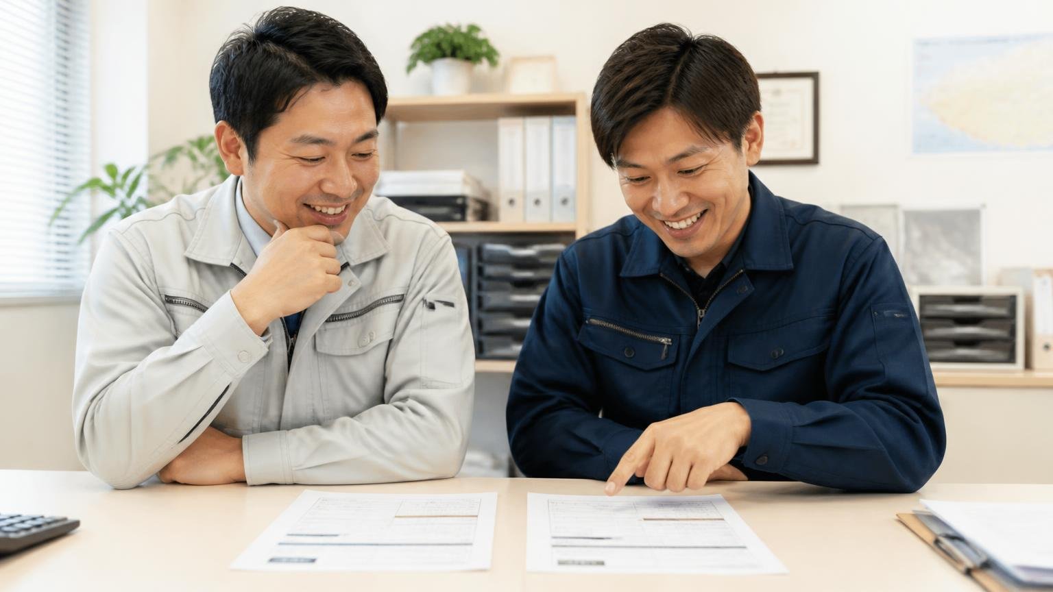 地元の業者と広域対応の業者は使い分けで考える 営業所の机に見積書を2枚並べ男性2人が見比べて納得した表情