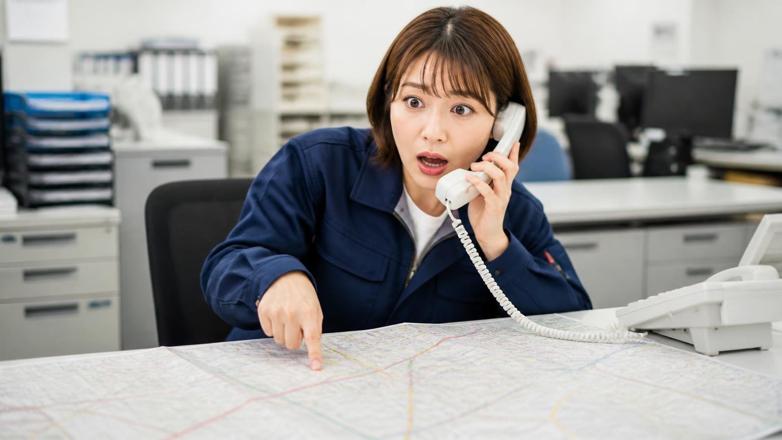 住んでいる地域まで出張査定に来てもらえるか 運送会社の事務所で女性1人が静岡県の地図を広げながら電話して目を丸くする