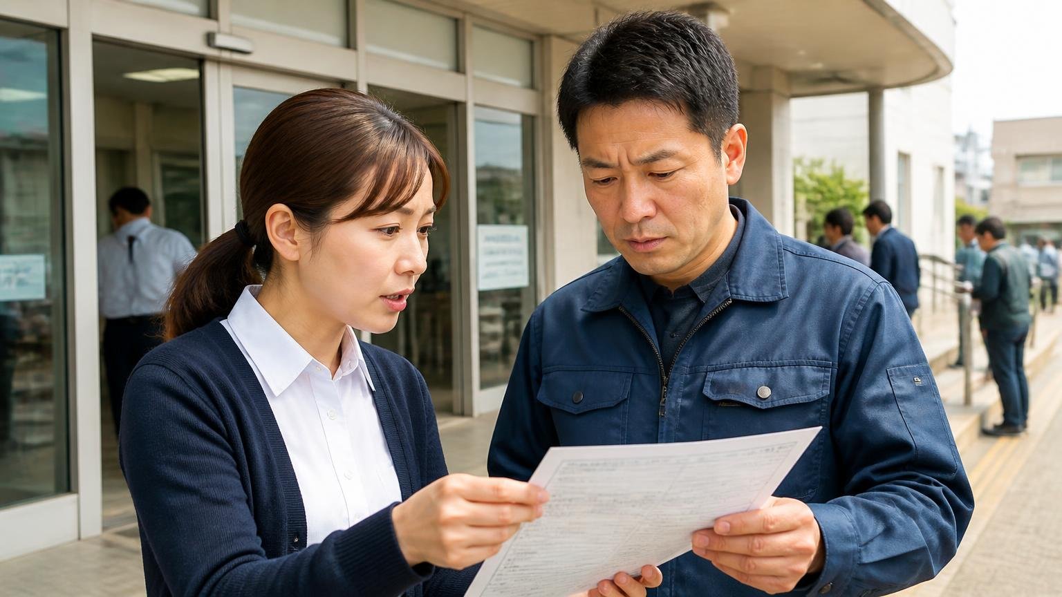名義変更・抹消登録は市内の「習志野自動車検査登録事務所」で、習志野台の登録事務所の窓口前、車検証を手にした運送会社の事務担当の女性と男性ドライバーが書類を見比べて確認している