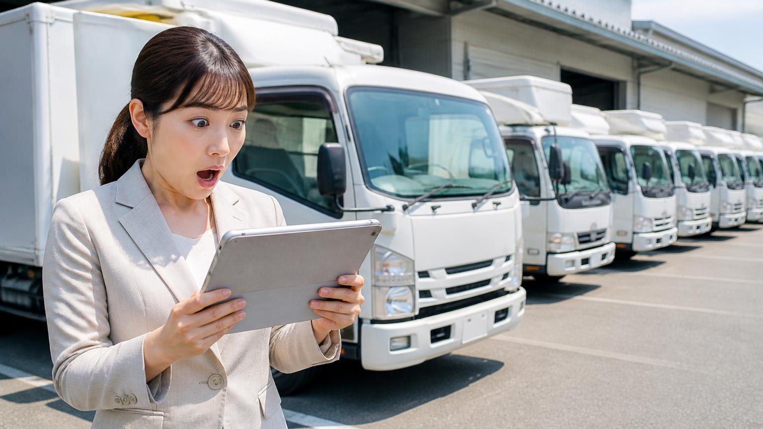 市内の貨物車は1万1千台超、三郷の運送会社の車庫に並ぶ4tトラックの前で事務担当の女性がタブレットを見て驚く