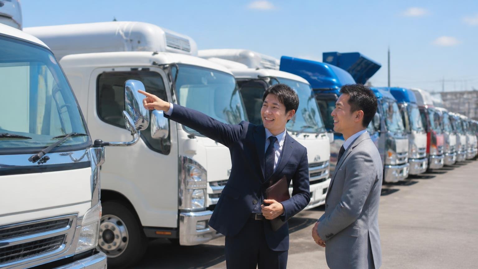中古トラックは全国で年17万台が登録され、売り先は常にある 中古トラック展示場に多数のトラックが並ぶ屋外 営業担当2人 在庫を指差し説明する笑顔