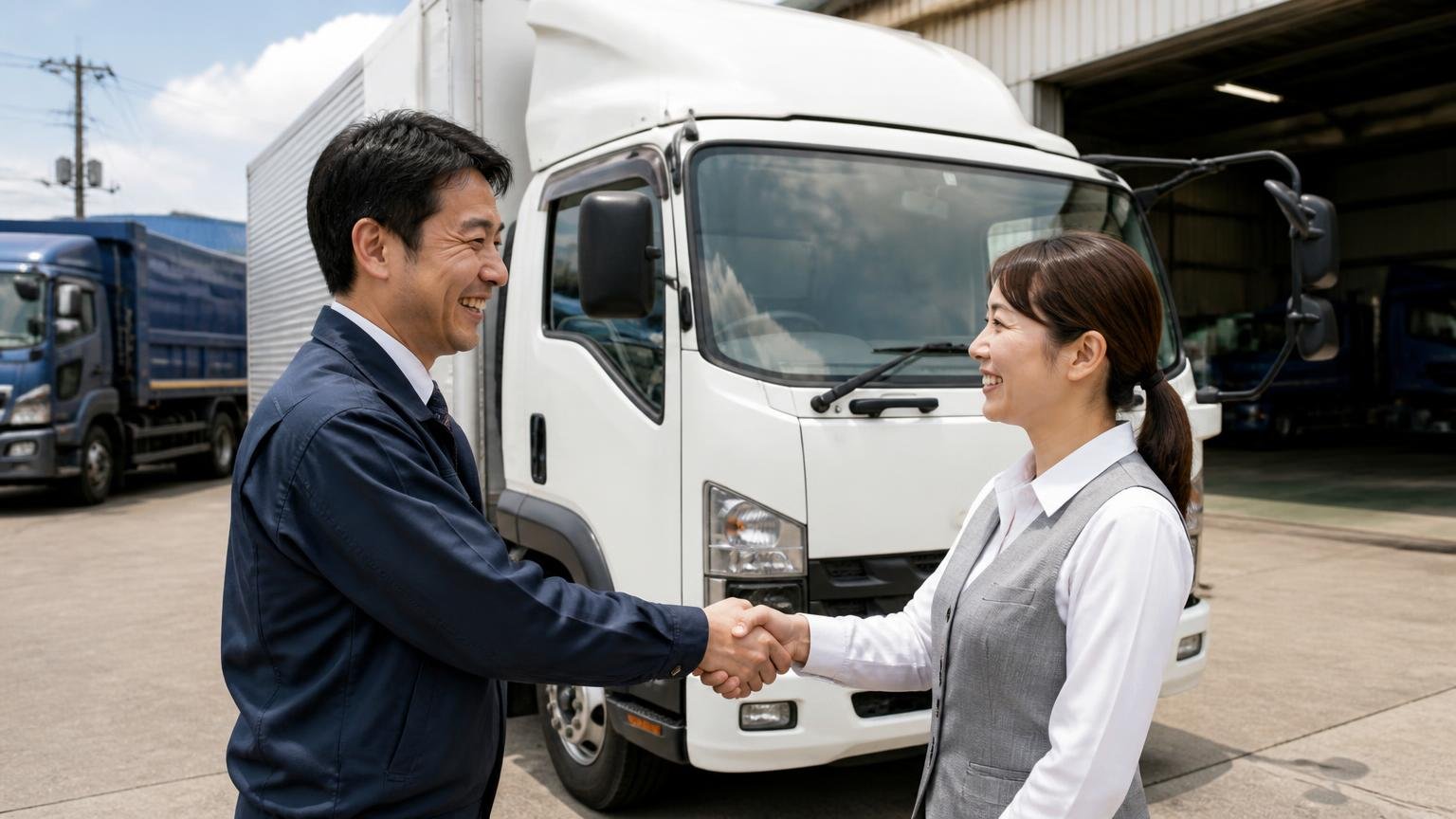 中型・大型・ダンプは松江まで出張する全国対応の専門業者が受け皿|松江市の運送会社の車庫で4tトラックの前に立つ査定員と事務員の2人が握手