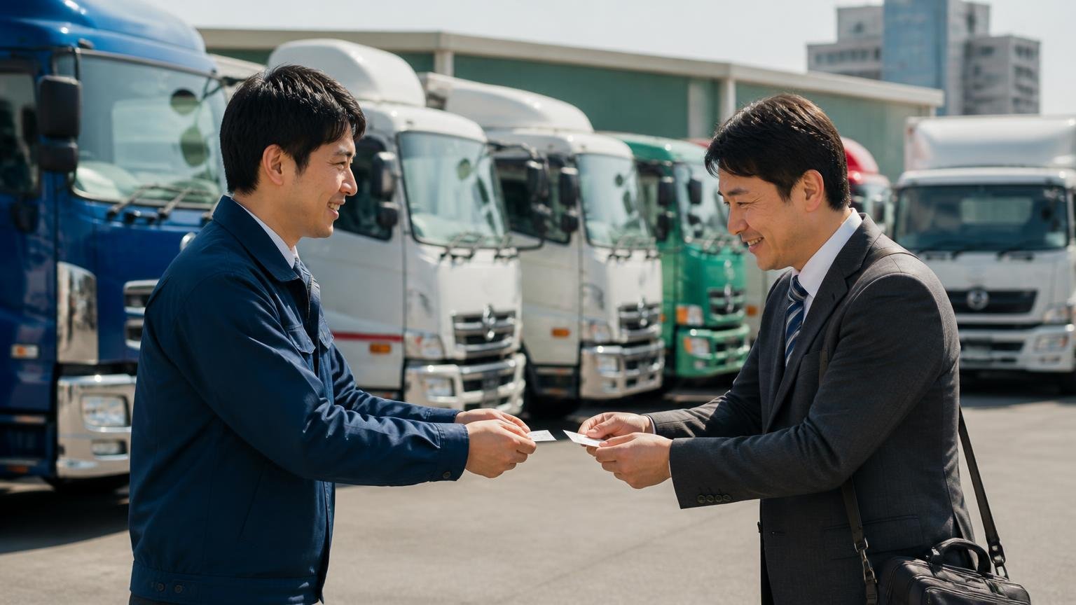 地場の買取業者と全国対応の業者は得意なことが違う 仙台市内のトラック展示場 店舗スタッフと出張査定員の男性2人が名刺を差し出す