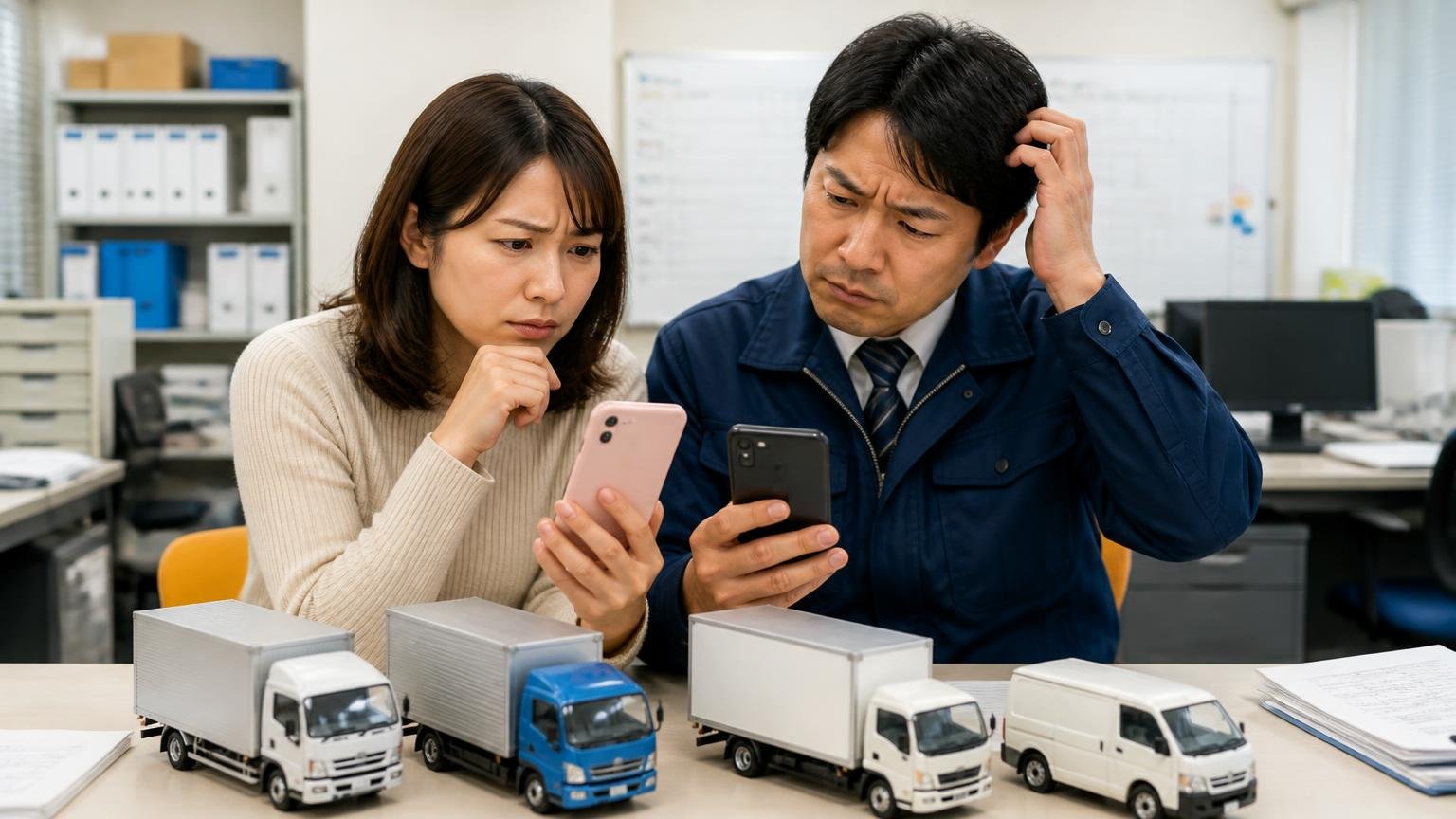 市内で頼める業者は4タイプで得意分野が違う。運送会社の事務所でスマホの口コミ画面を見比べる30代女性と40代男性が首をかしげる