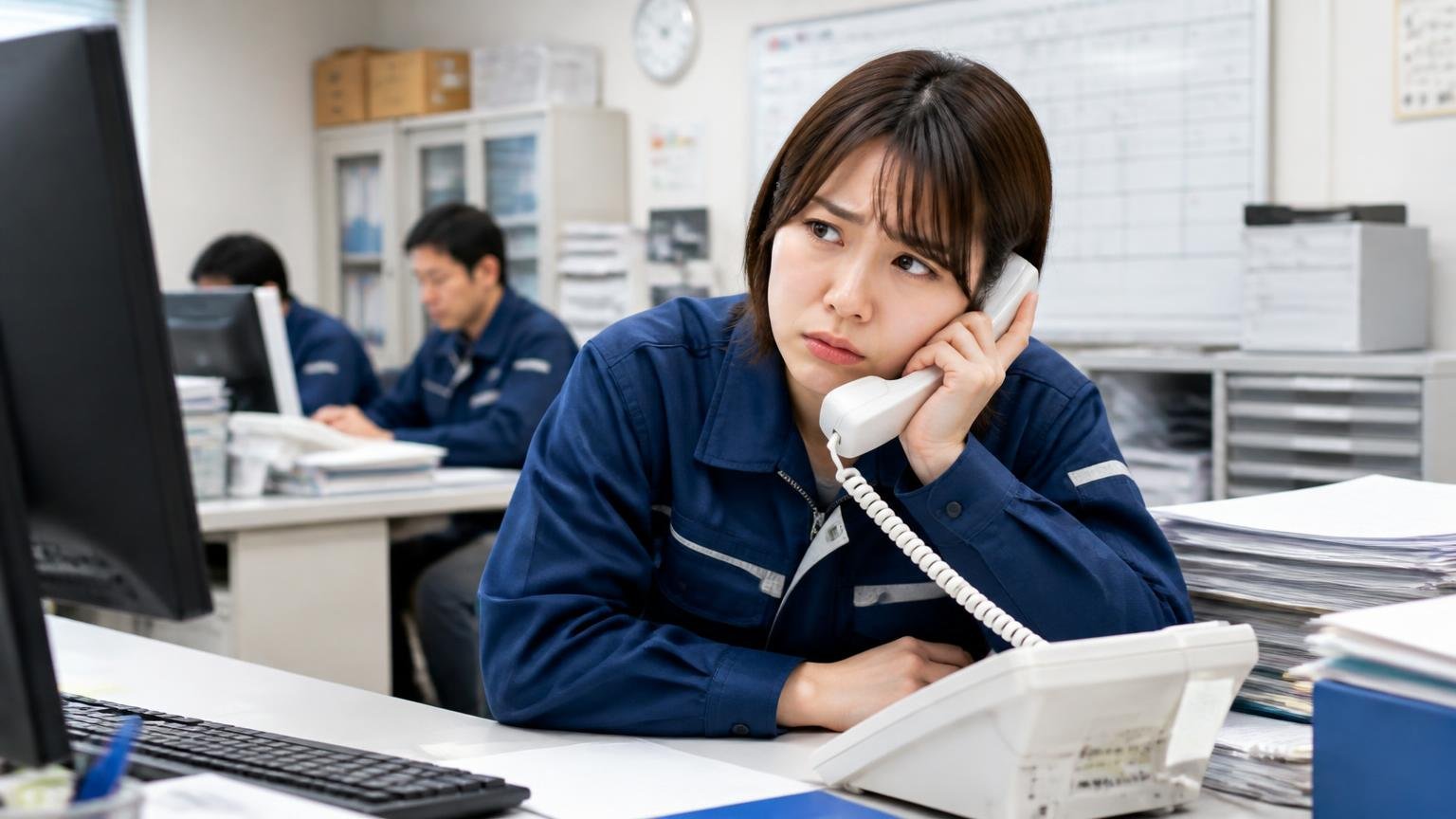 「連絡の仕方」を選ばせてくれるか、運送会社の事務所で鳴り続ける電話を前に困り顔の女性社員1人