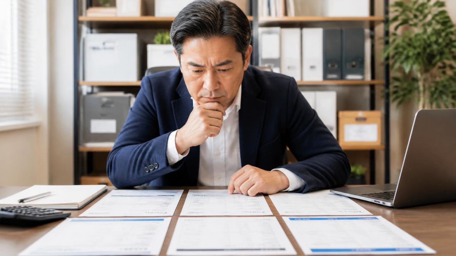 査定料・出張費が「どこまで無料か」を公式の言葉で確認する 事務所で各社の見積書を並べて無料の範囲を見比べる中年の男性経営者1人