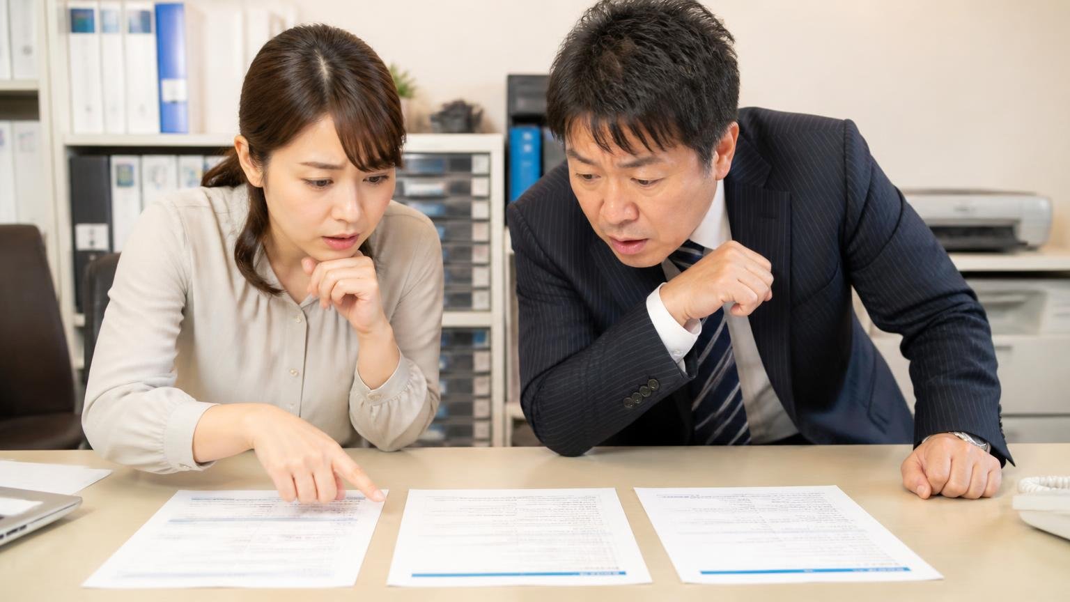 県内の業者・隣県の業者・全国対応の業者、それぞれの強み 営業所の事務机 見積書3枚を並べて見比べる事務担当の女性と社長の男性が身を乗り出す