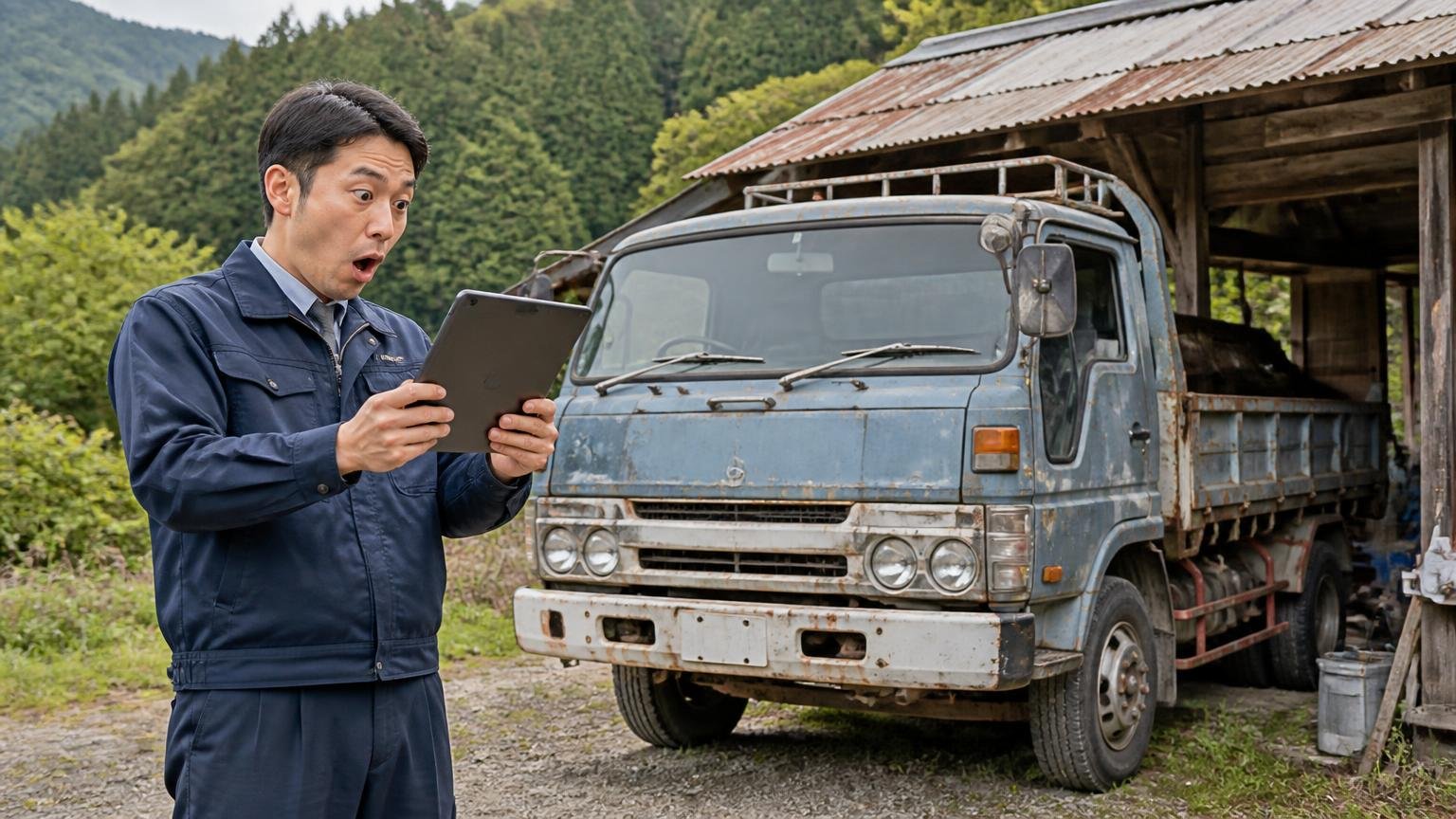 全国対応の買取業者が向いているケース 山あいの車庫に停まった古いトラックの前 査定員の男性1人 タブレットを掲げて驚く