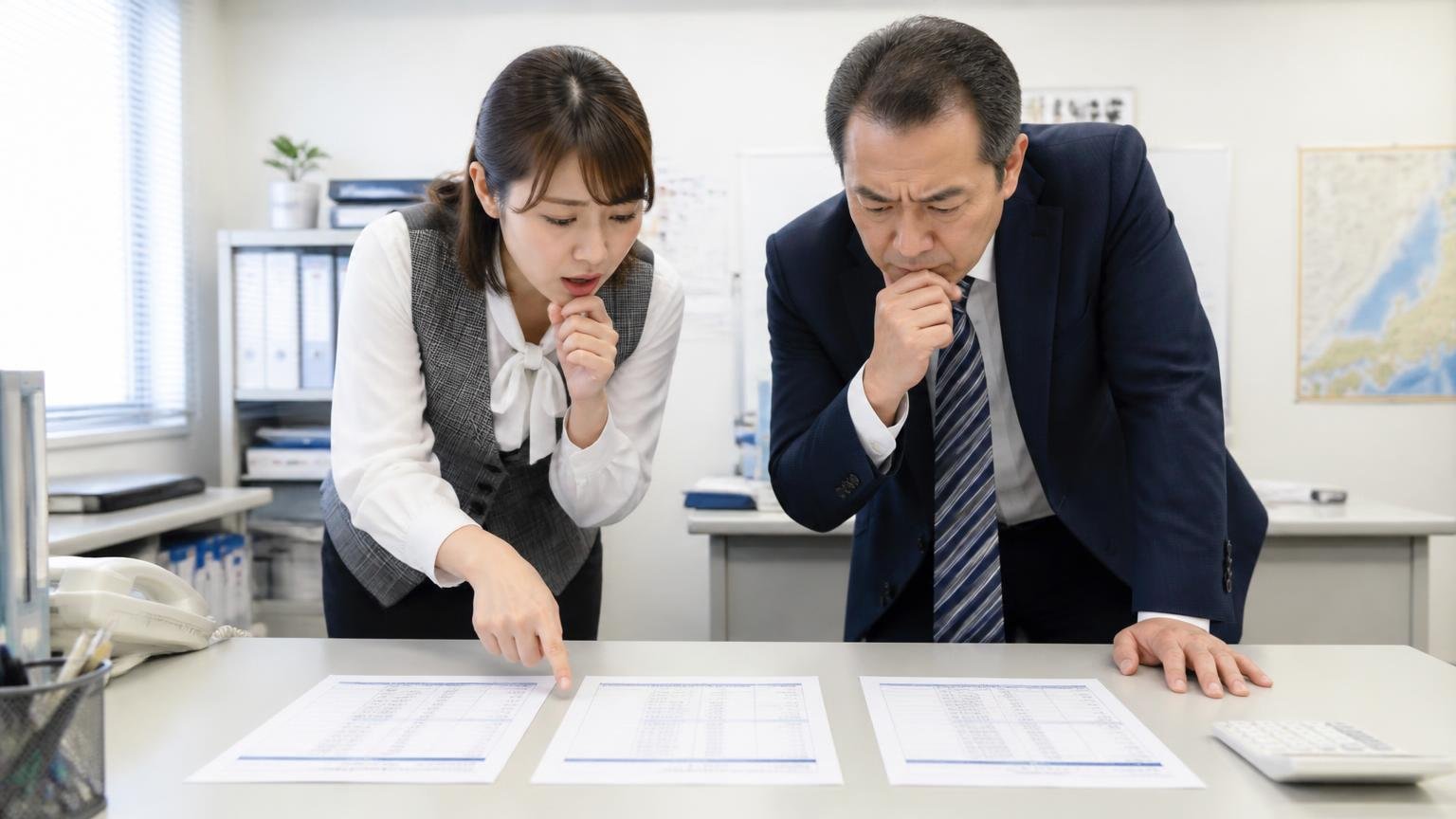 県内の業者・四国を回る業者・全国対応の業者、それぞれの役割 営業所の事務机 見積書3枚を並べて身を乗り出す女性事務員と男性社長