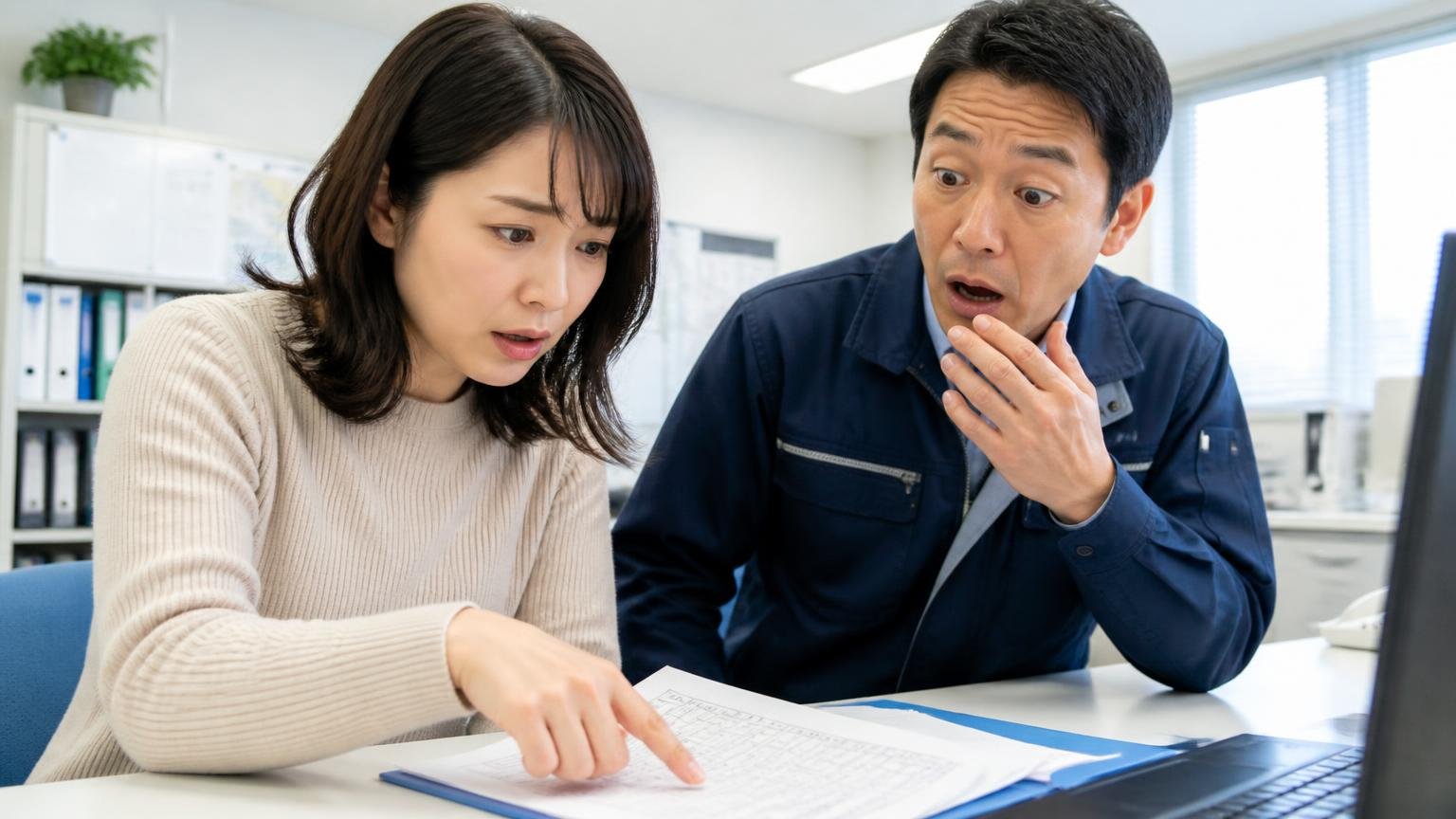 査定料・出張費・引取費の「無料の範囲」を書面で確かめる、運送会社の事務所で見積書の内訳を指でなぞりながら確かめる30代女性と、隣で驚く40代男性