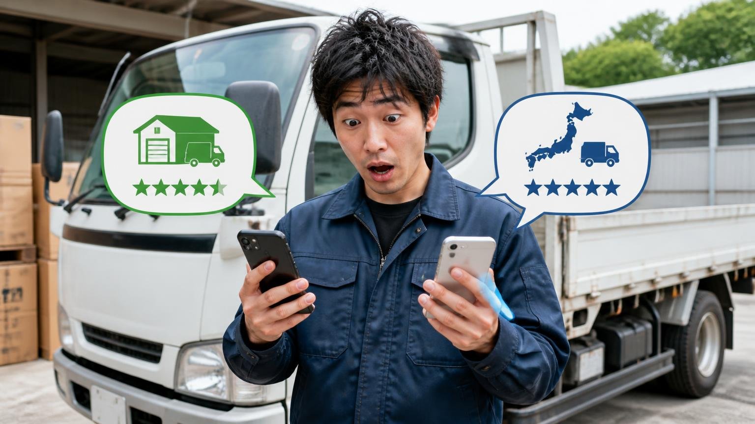 地場業者と全国対応の買取業者、それぞれの強みと弱み、岡山の車庫で2tトラックの横に立つ若い男性ドライバーが、スマホで2つの見積もりを見比べて驚く場面