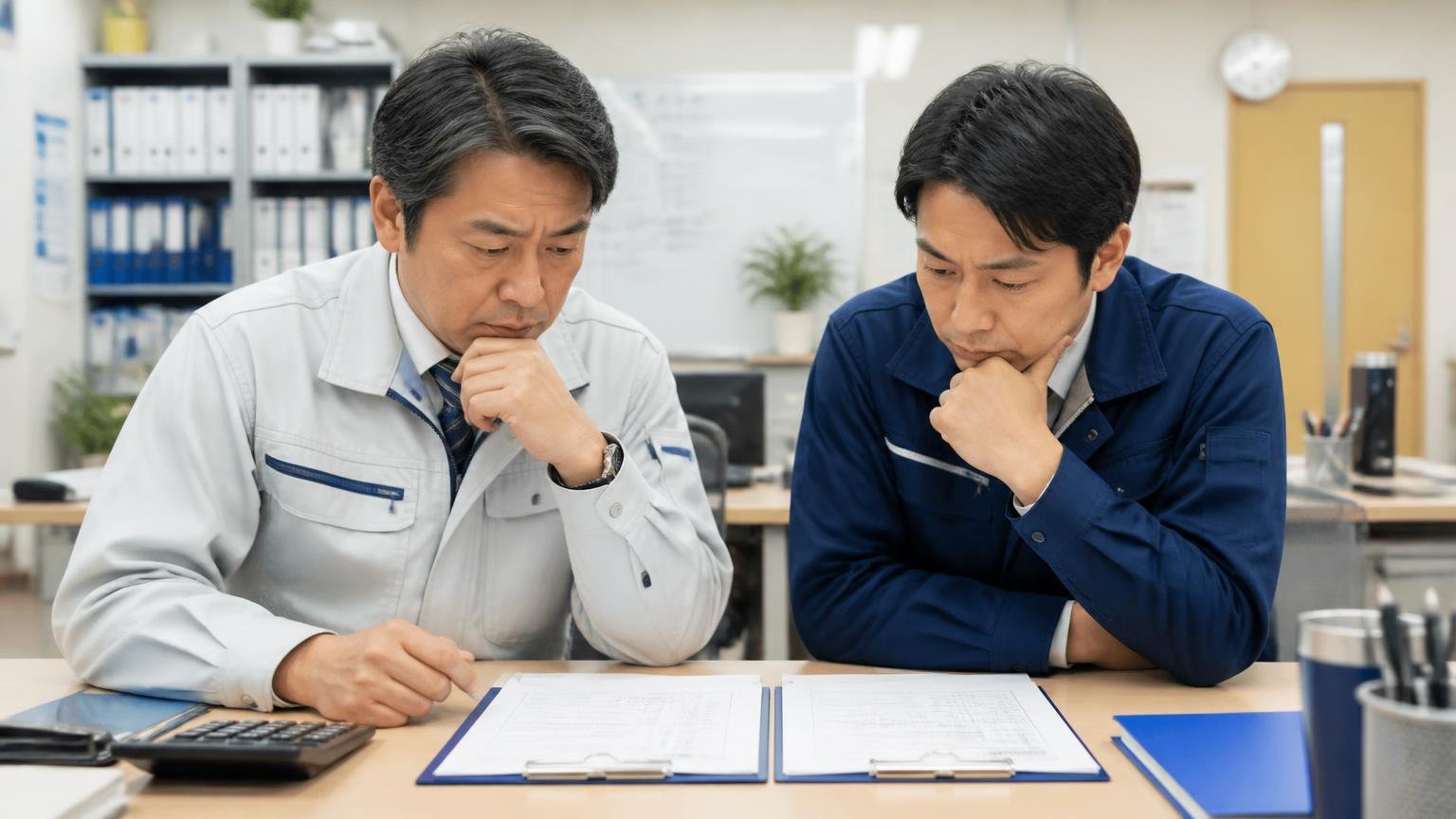 地元の業者と全国対応の業者、それぞれの役割 営業所の机の上 2枚の見積書を並べて男性2人が真剣な顔で見比べる