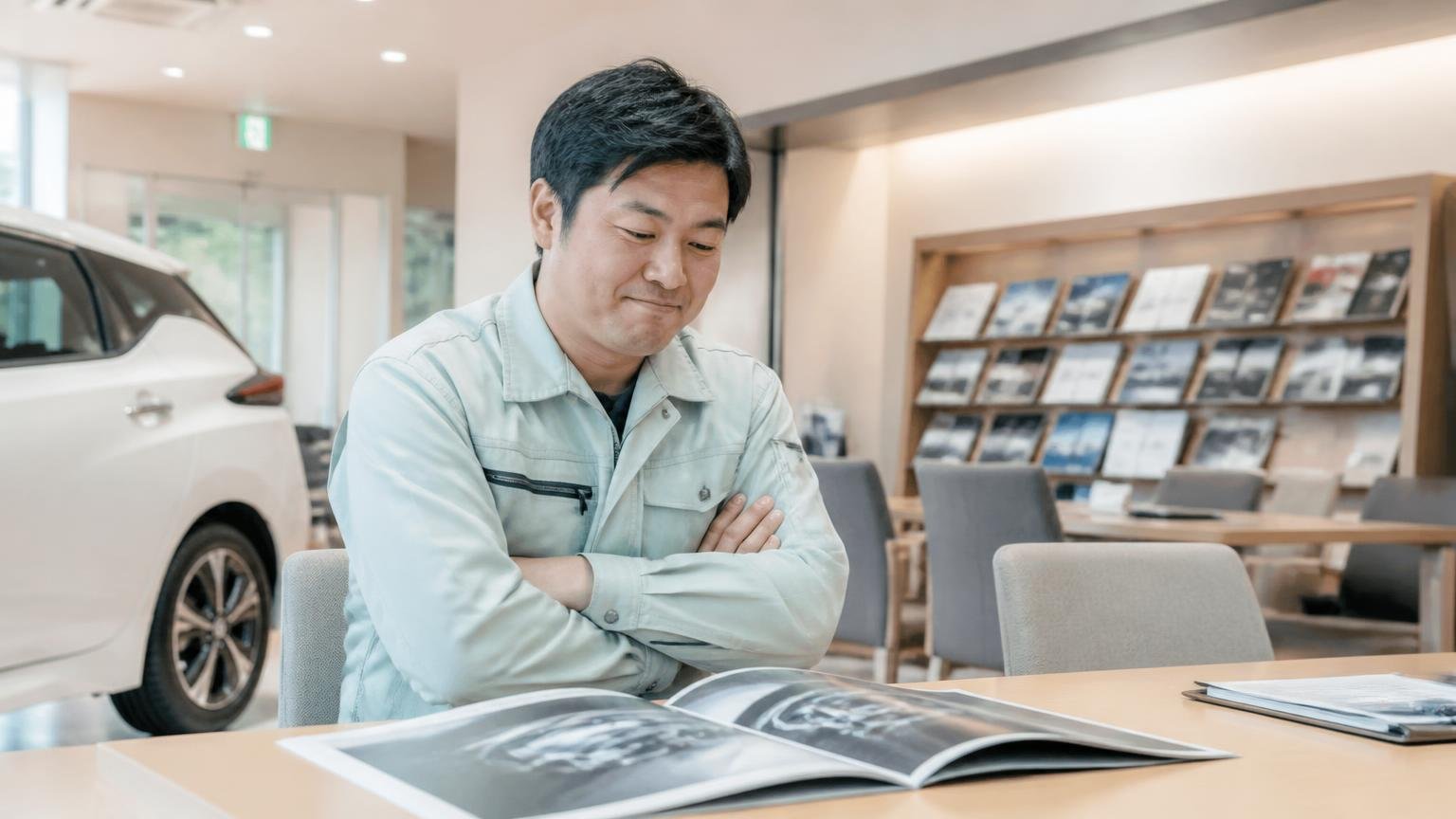 ディーラー下取りや一括査定が向いている人もいる 販売店の商談テーブル 新車のカタログを前に作業着の男性1人が腕を組んでうなずく